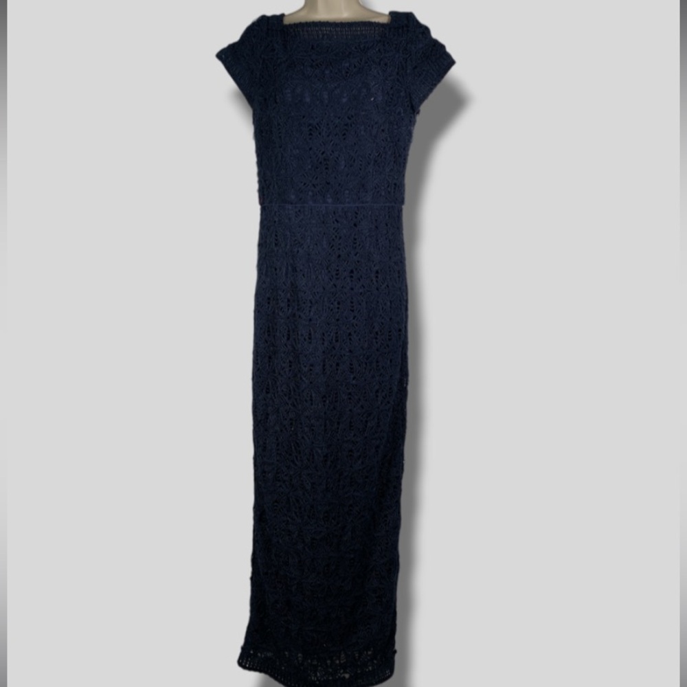 JS Collections Sequin Embellished Crochet Column Gown - Picture 2 of 14